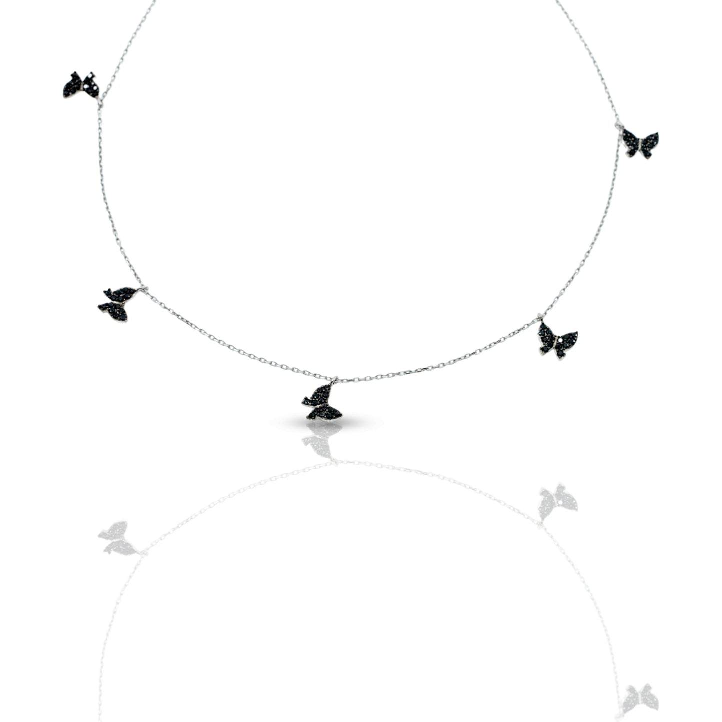 Five Black Butterfly Necklace with Silver Chain