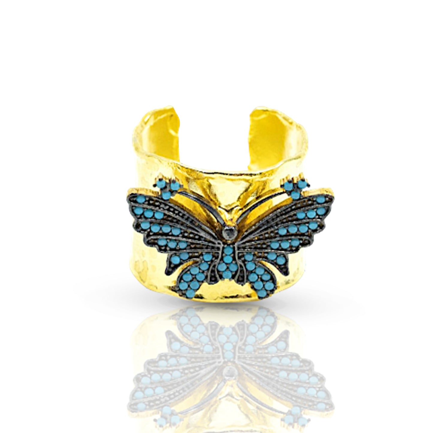 Wide Band Butterfly Ring With Blue CZ Diamonds