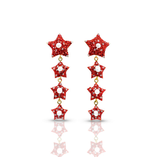 Dangling Four Red Star Earring with Pearl