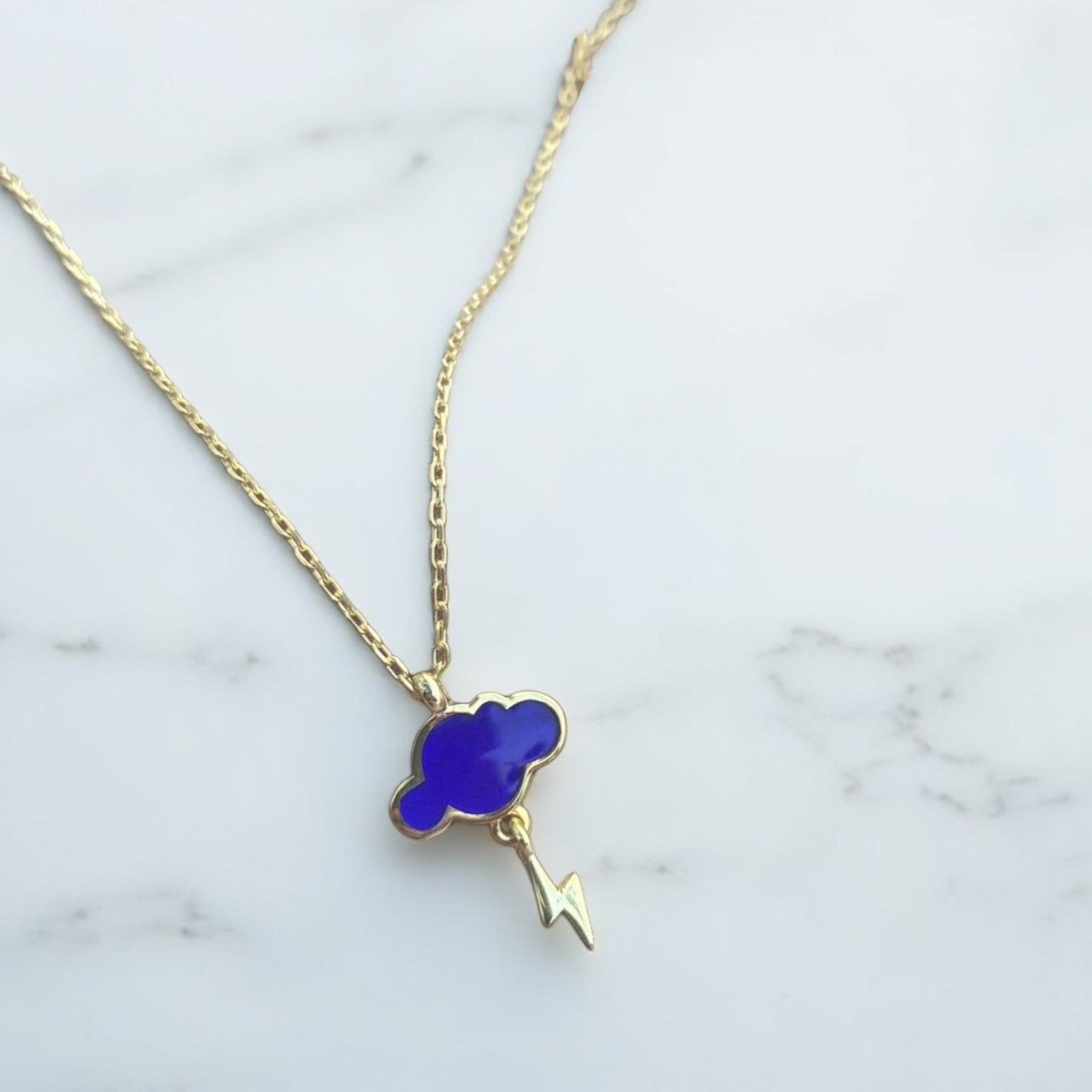 Blue Enamel Cloud and thunder Storm Necklace
