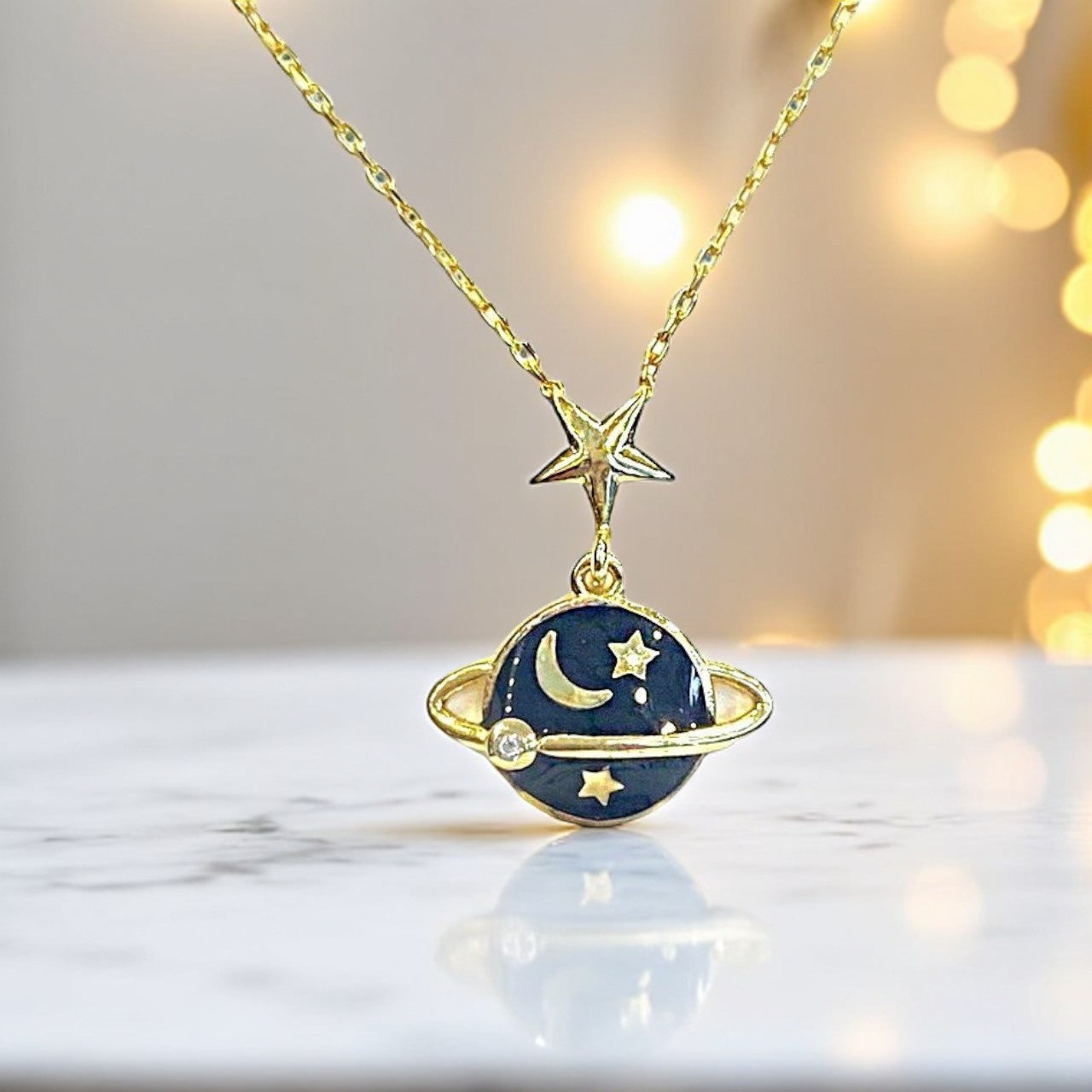 Blue Enamel Saturn Necklace
