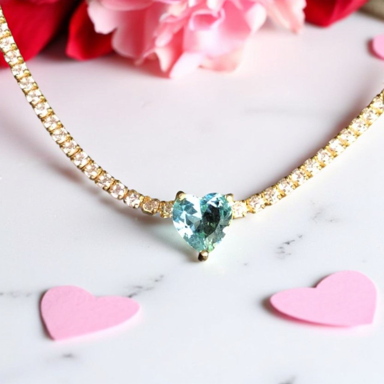 Blue Heart with Zircon Chain Choker Necklace