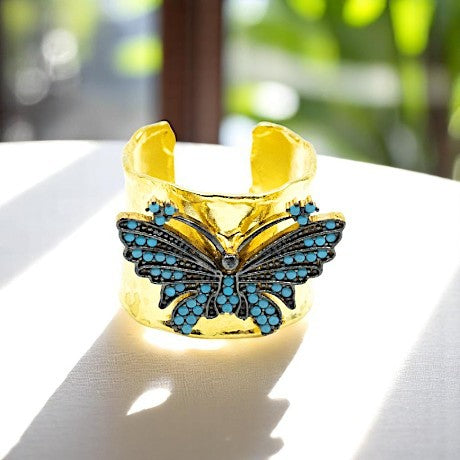 Wide Band Butterfly Ring With Blue CZ Diamonds