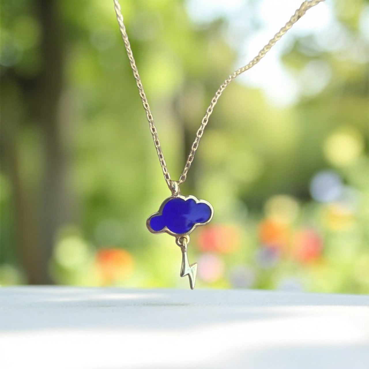 Blue Enamel Cloud and thunder Storm Necklace