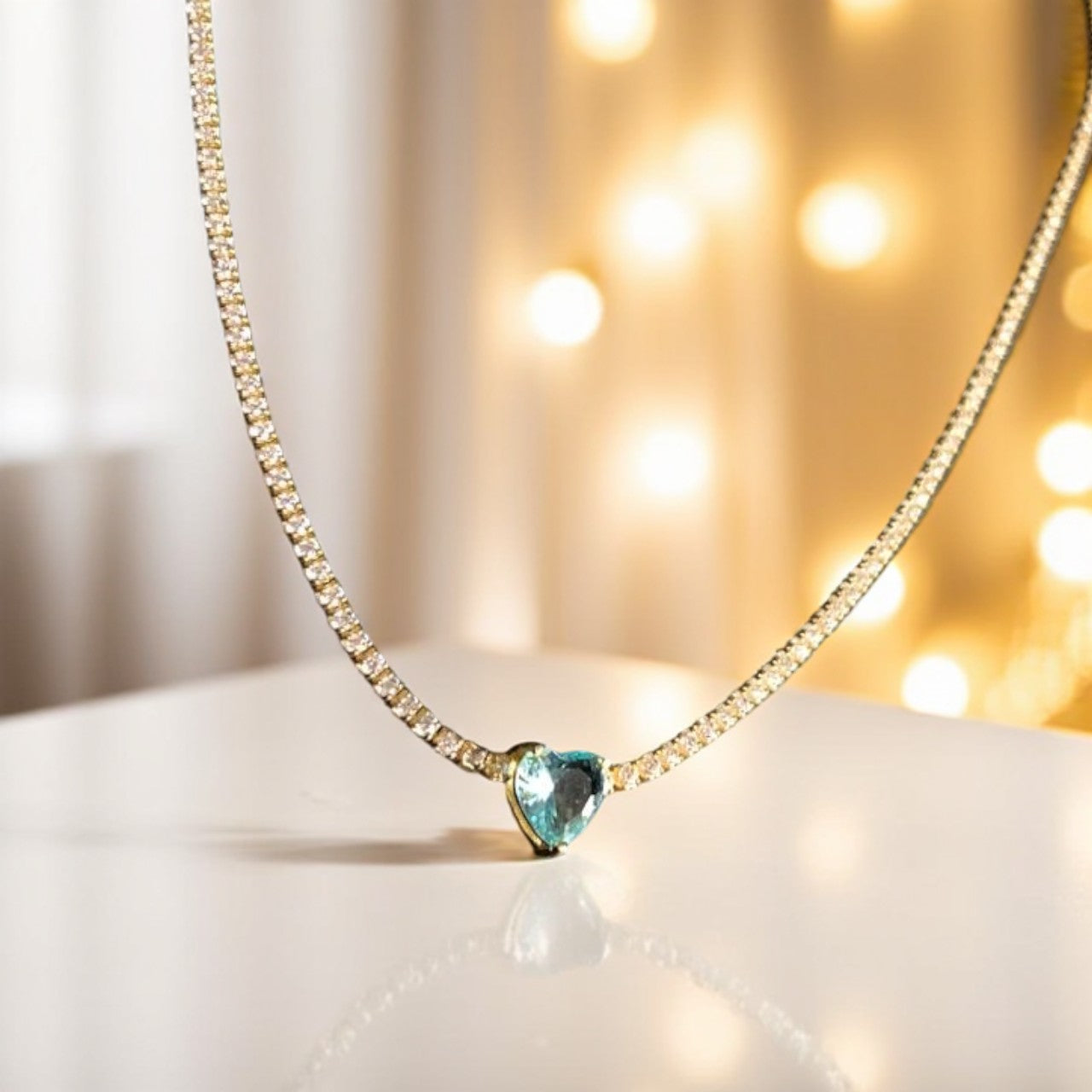 Blue Heart with Zircon Chain Choker Necklace