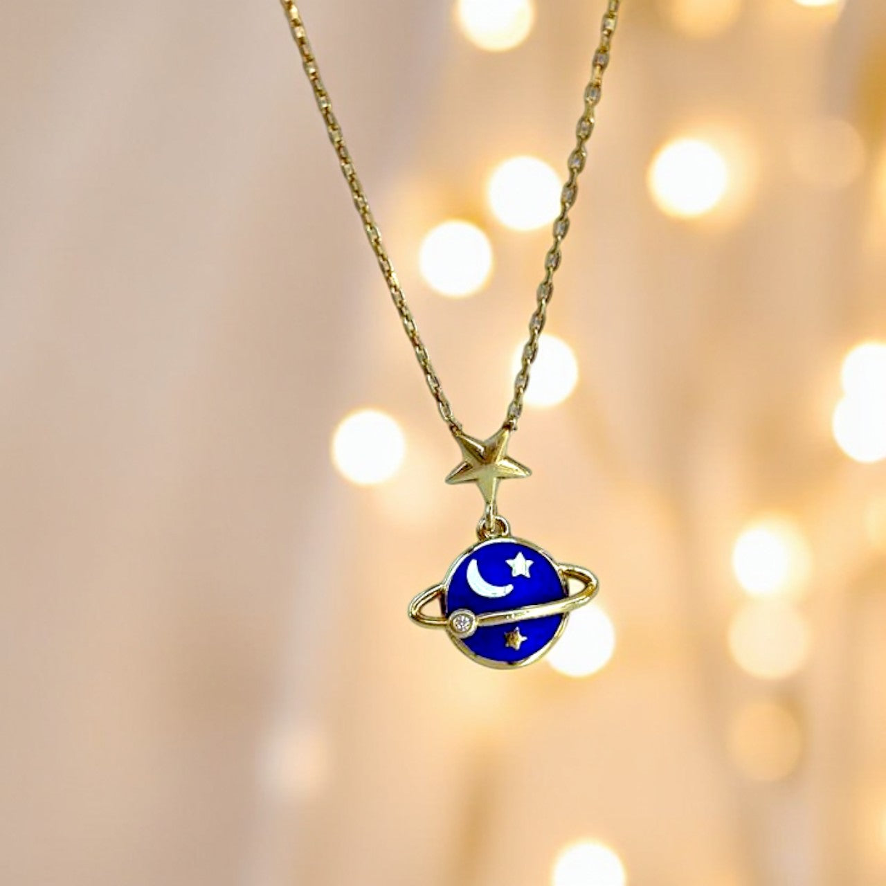 Blue Enamel Saturn Necklace