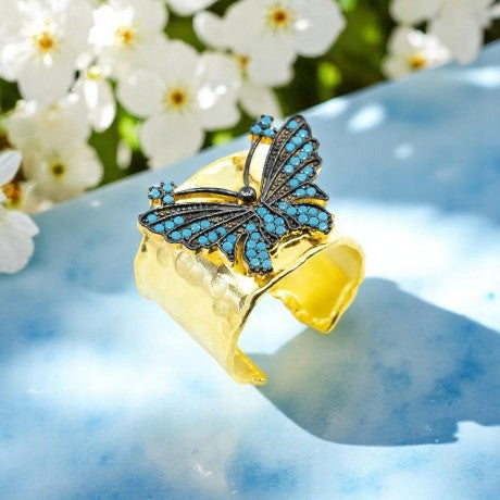 Wide Band Butterfly Ring With Blue CZ Diamonds