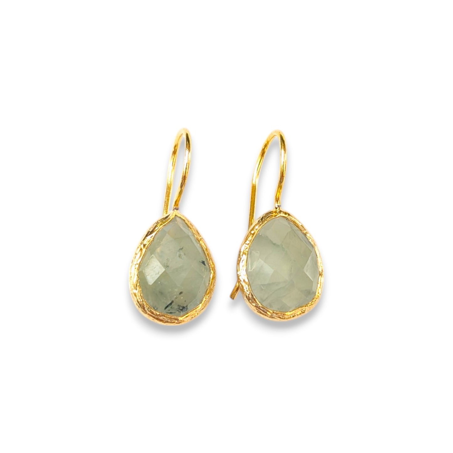 Aventurine teardrop drop earrings with textured gold bezels and simple gold hooks."
