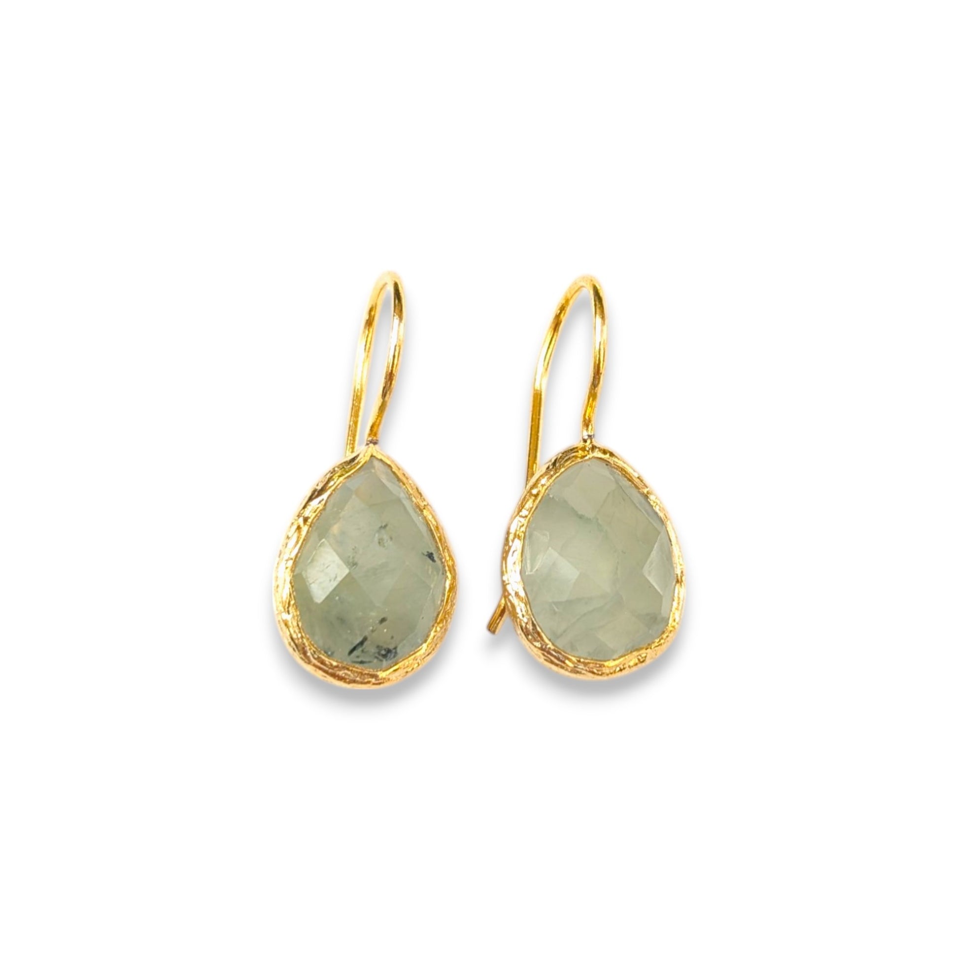 Aventurine teardrop drop earrings with textured gold bezels and simple gold hooks."