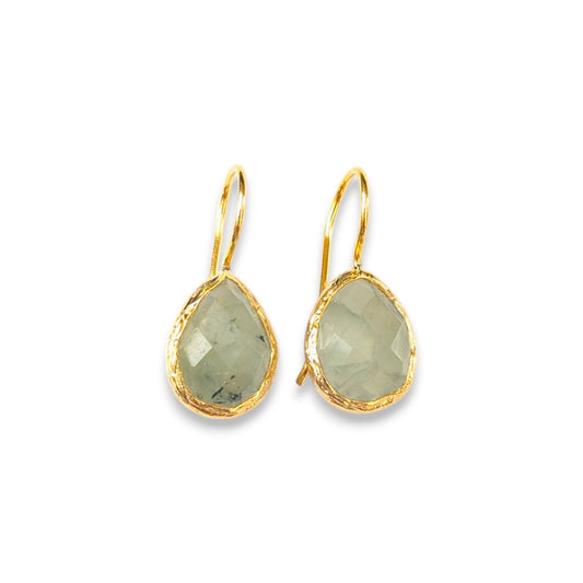 Aventurine teardrop drop earrings with textured gold bezels and simple gold hooks."