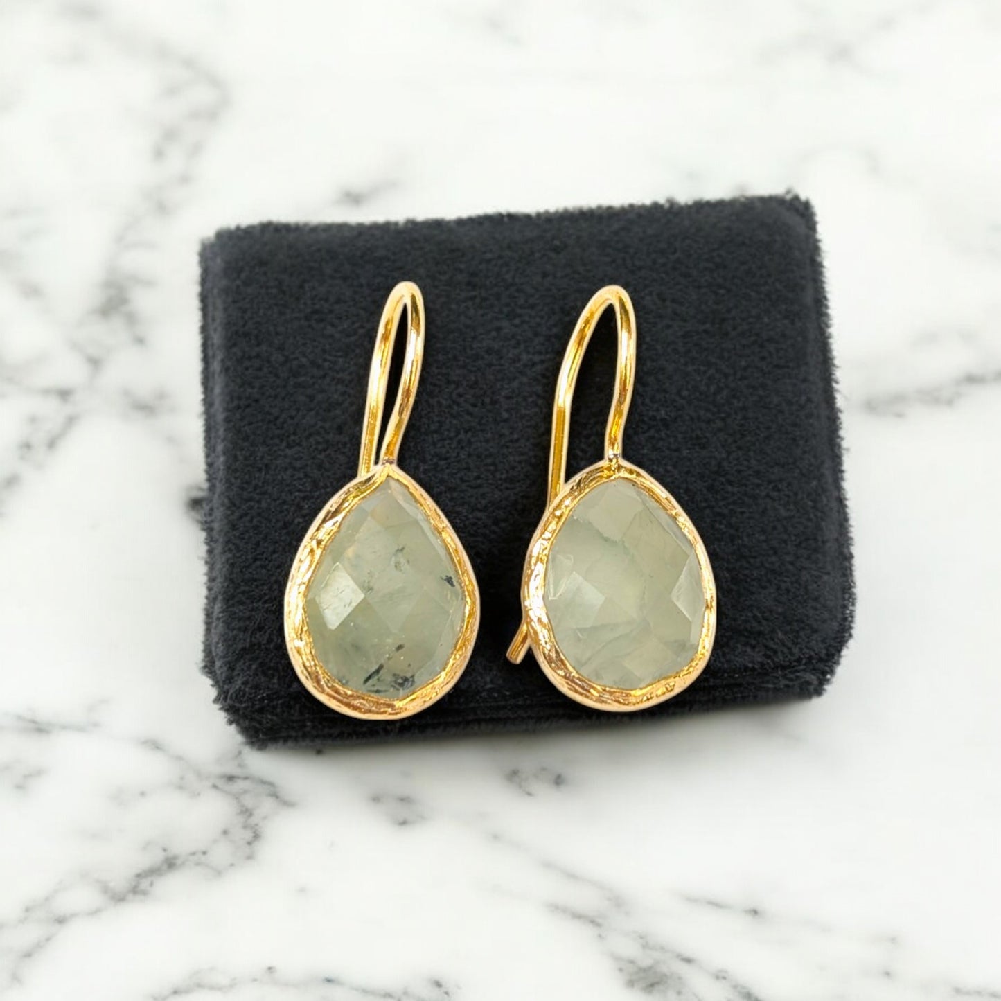 Aventurine teardrop drop earrings with textured gold bezels and simple gold hooks.