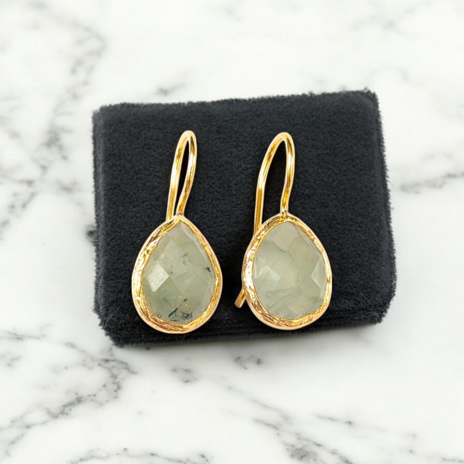 Aventurine teardrop drop earrings with textured gold bezels and simple gold hooks.