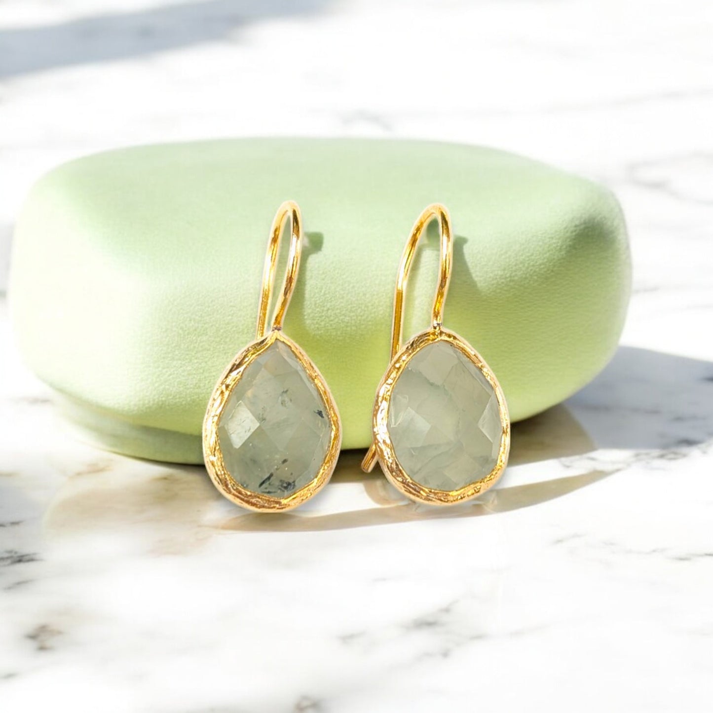 Aventurine teardrop drop earrings with textured gold bezels and simple gold hooks."