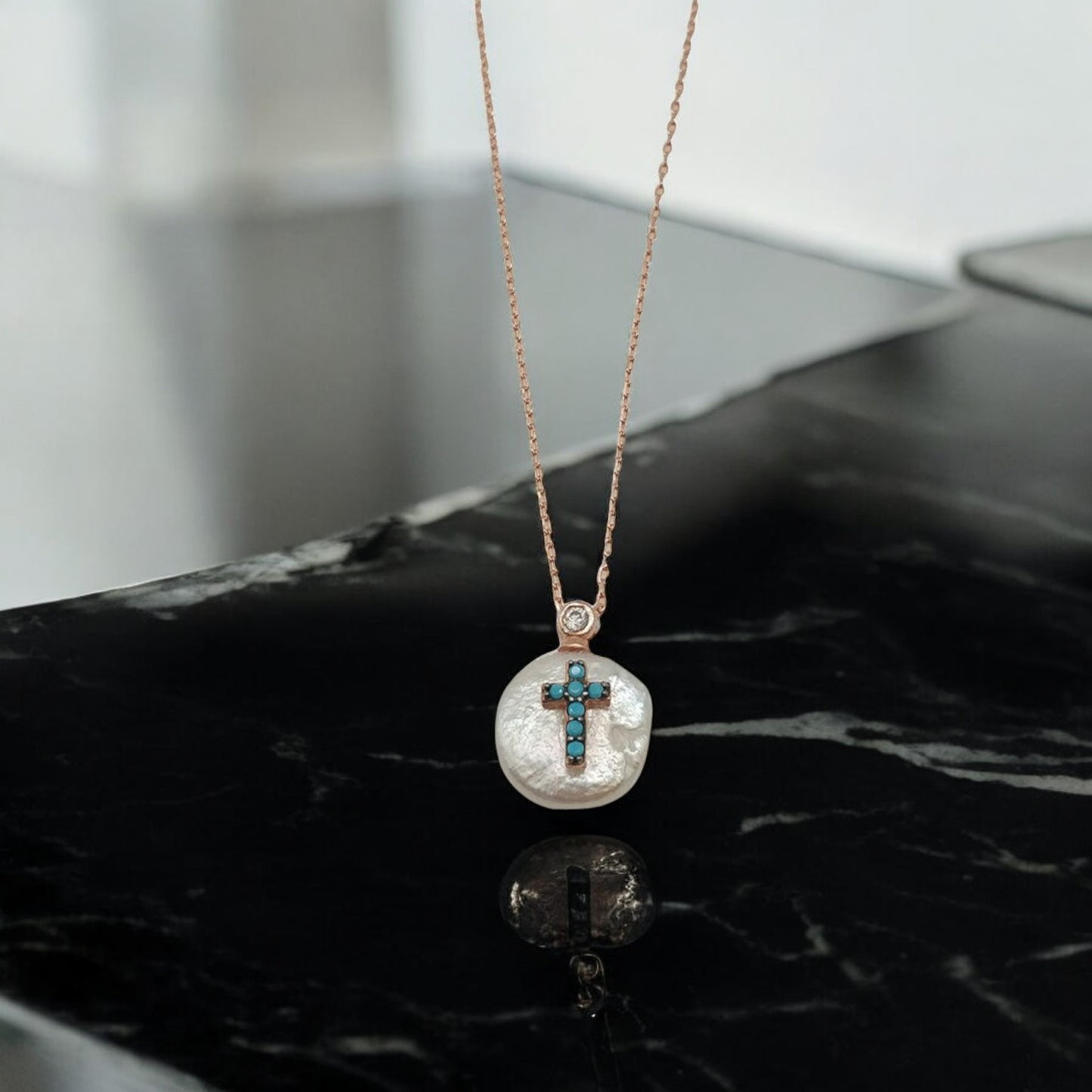Dainty Diamond Cross Pearl Necklace