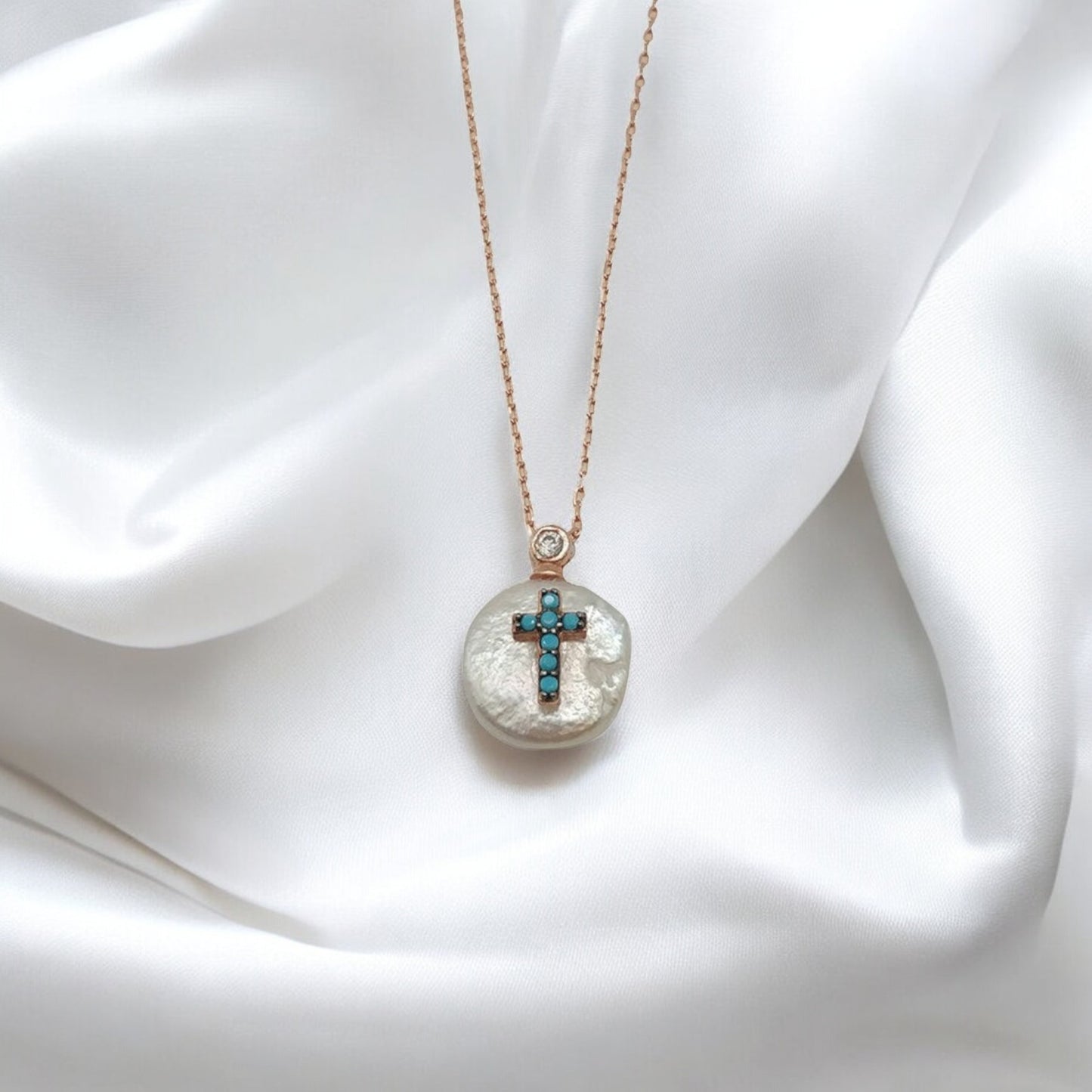 Dainty Diamond Cross Pearl Necklace
