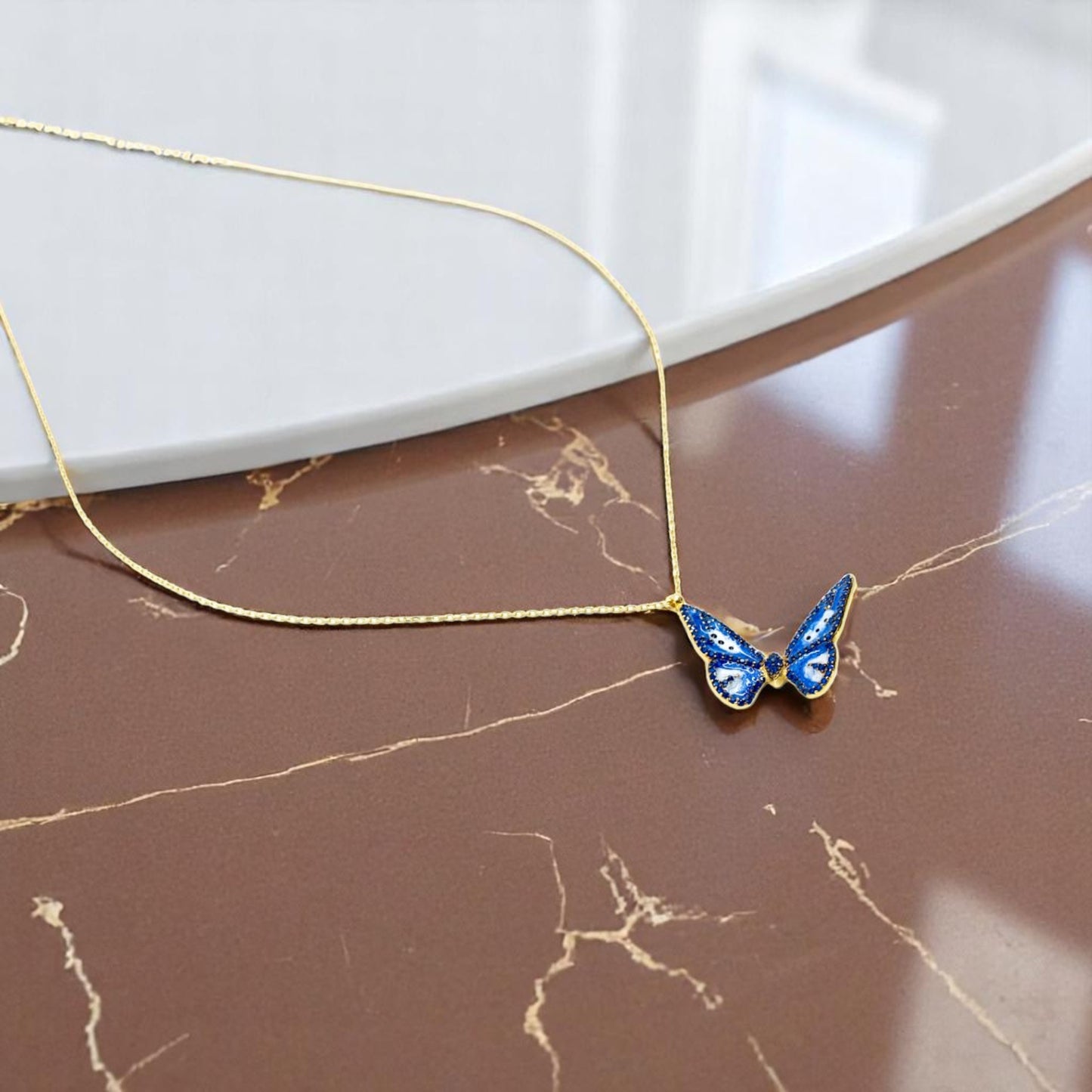 Gold Blue Butterfly Necklace