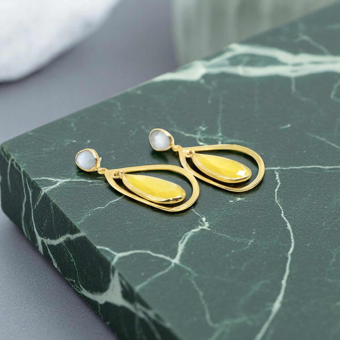 Tear Drop Dangling Earing with yellow stone