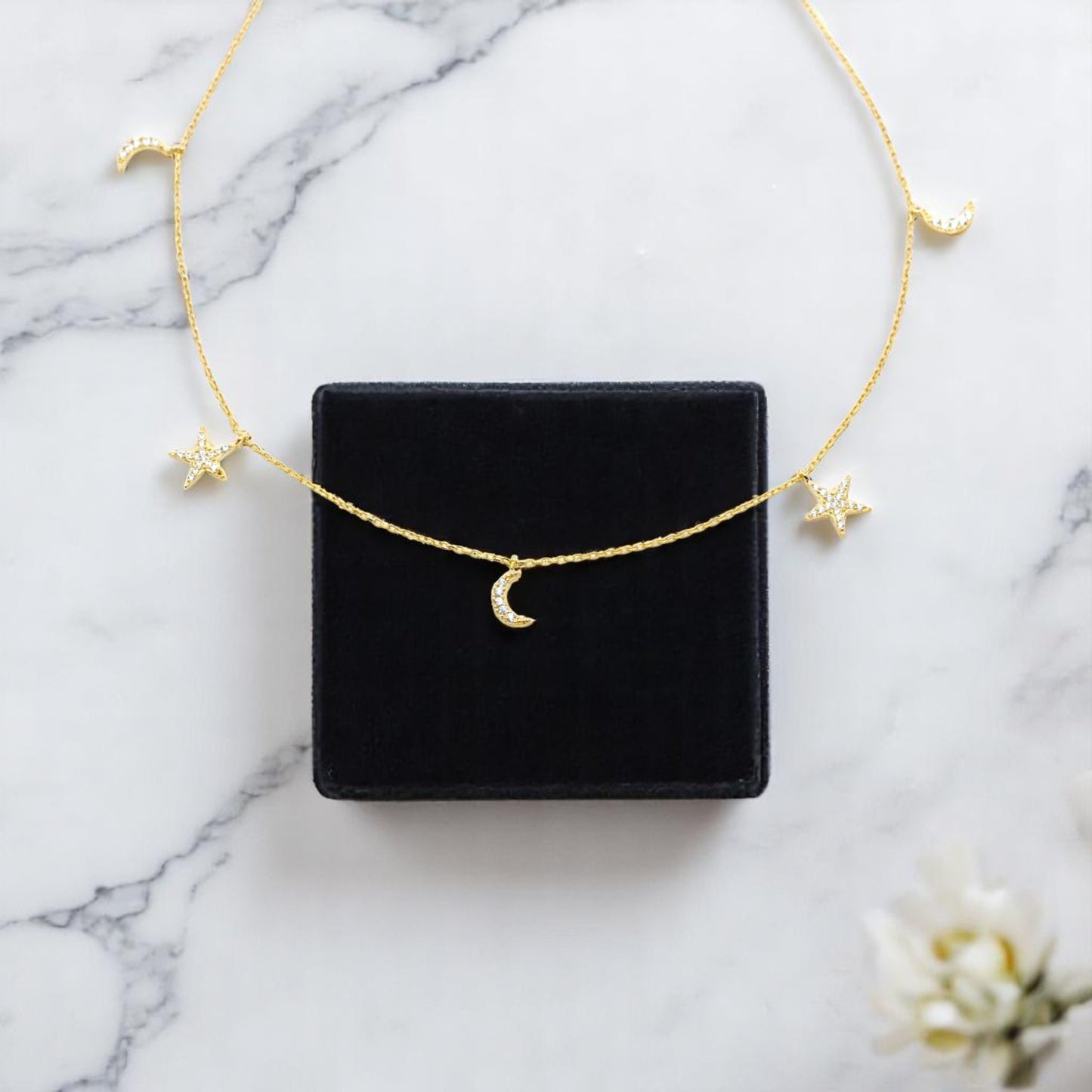 Five Charms of Moon and Star Necklace