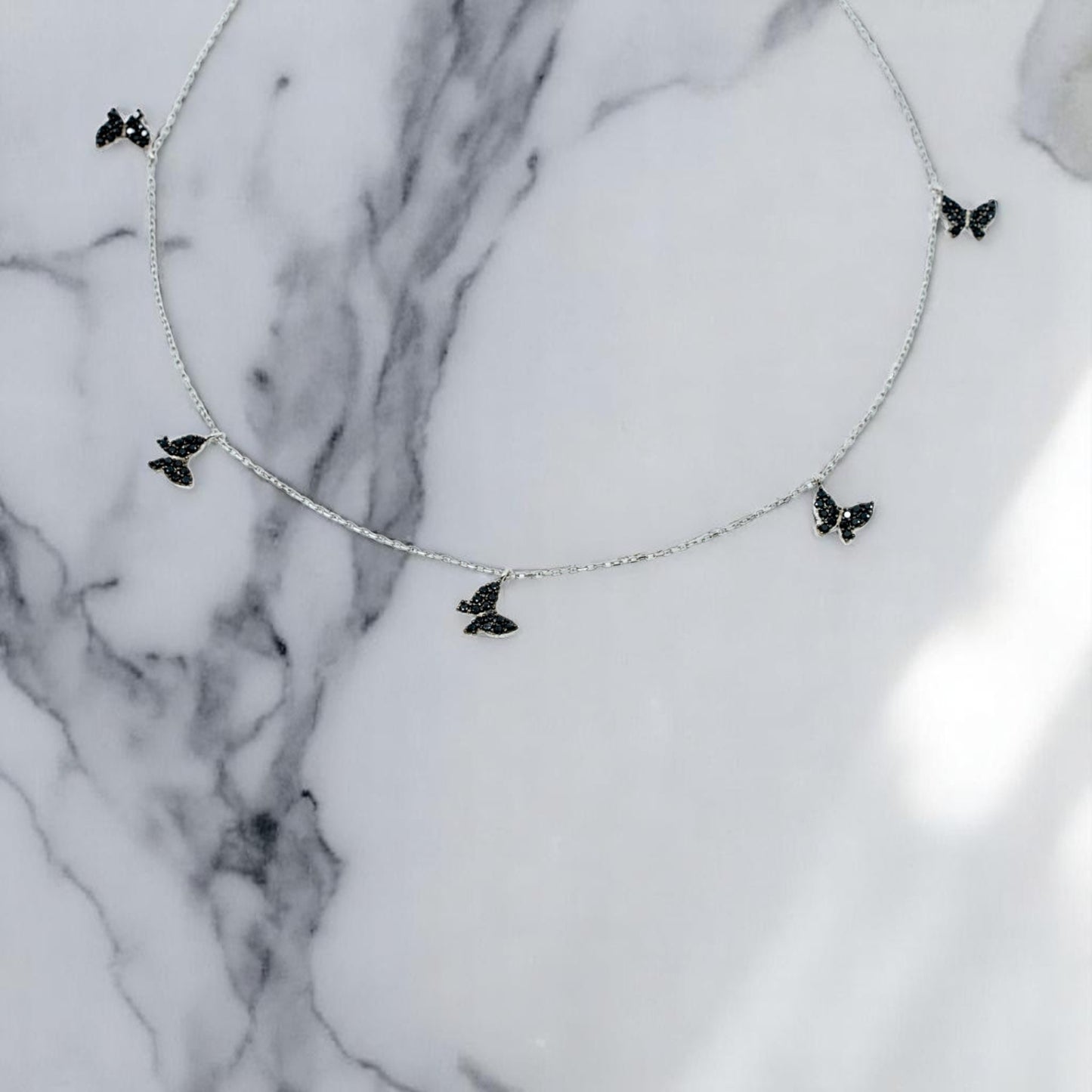 Five Black Butterfly Necklace with Silver Chain