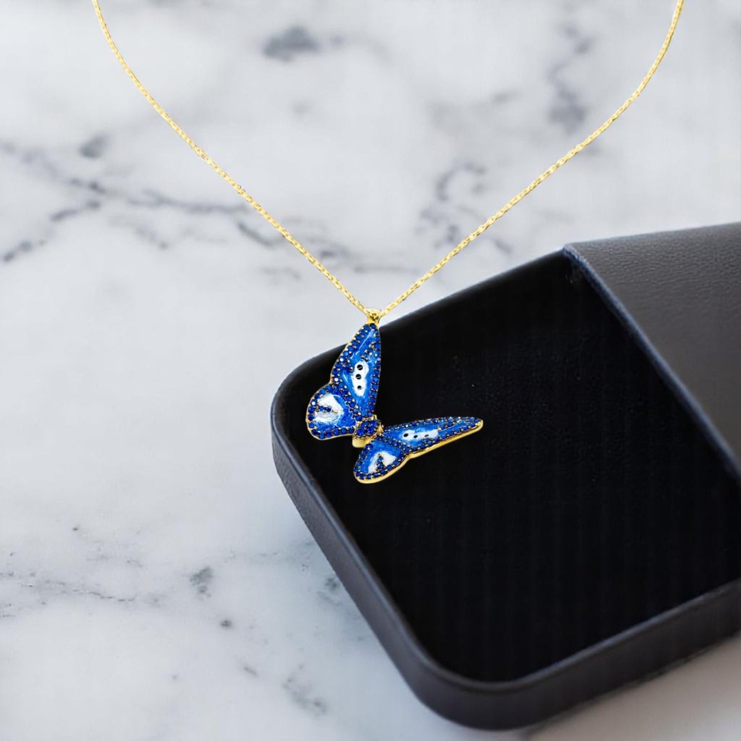 Gold Blue Butterfly Necklace