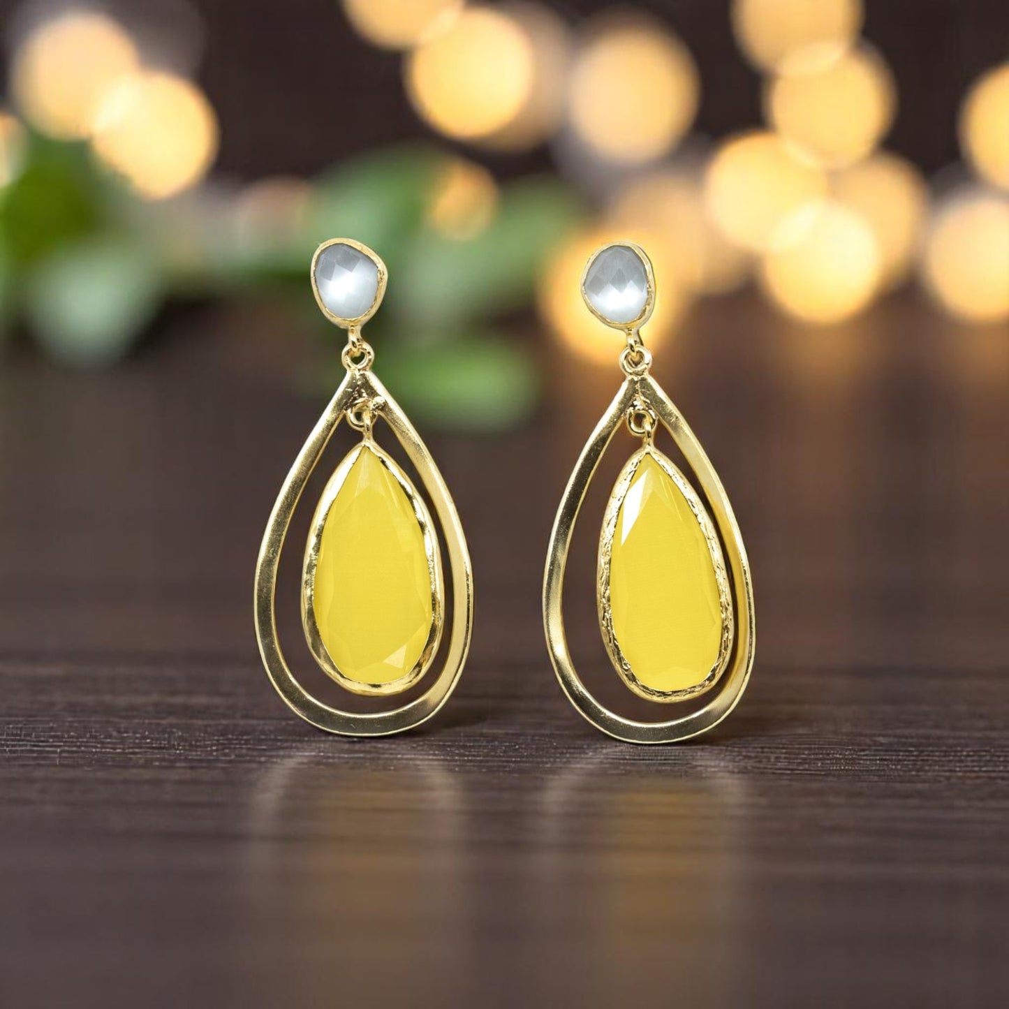 Tear Drop Dangling Earing with yellow stone