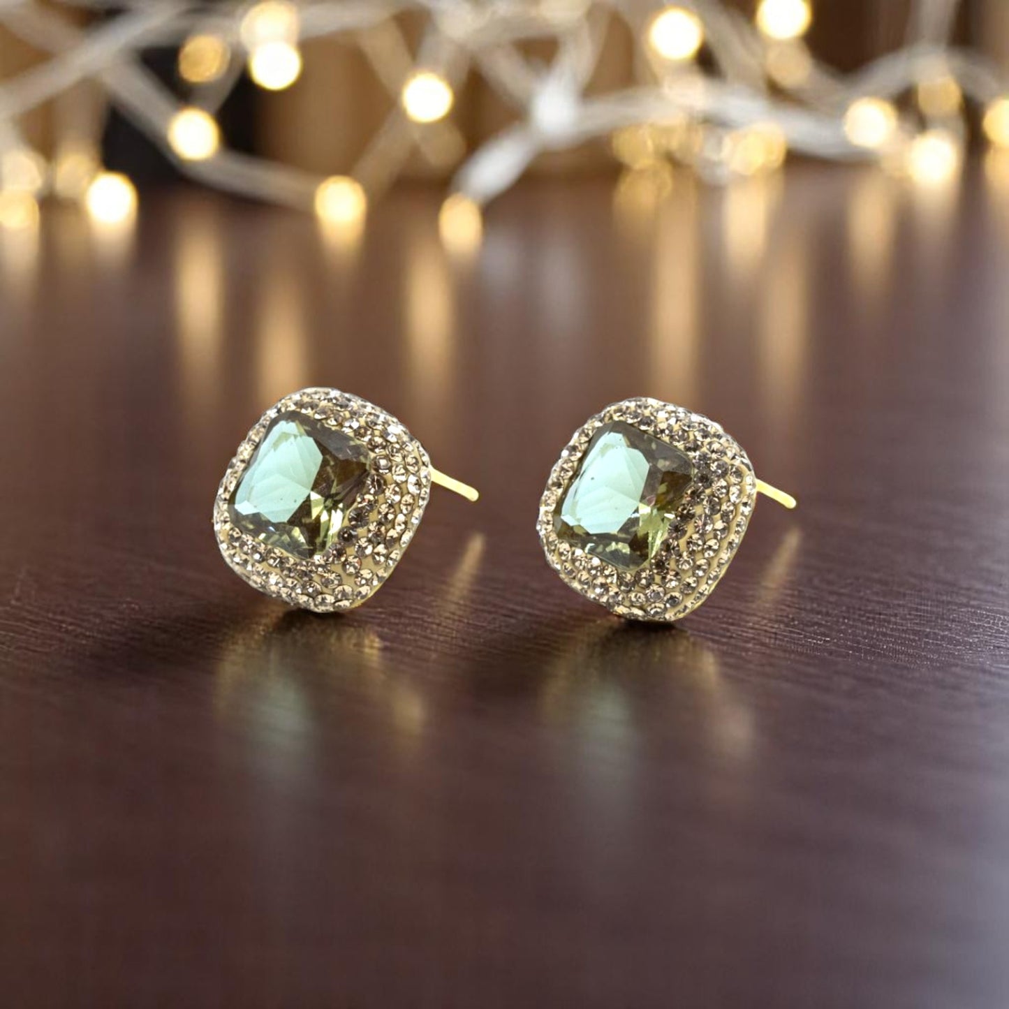 Green Stud Earring Surrounded with CZ Diamond