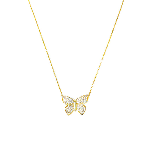 18K yellow gold butterfly necklace with clear stones.