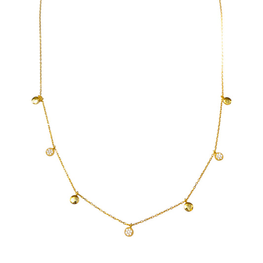 Delicate gold collar necklace with gold discs and clear stone charms