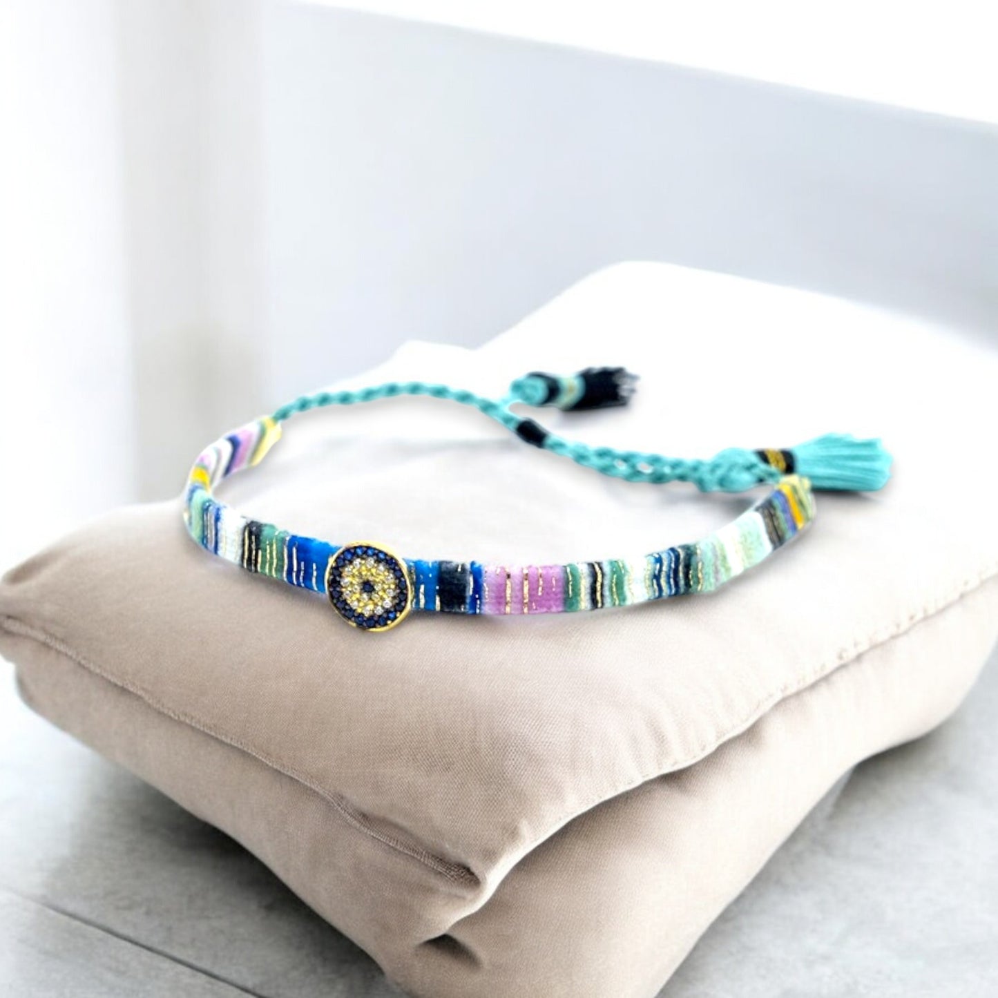Adjustable blue evil eye bracelet gold plated silver bracelet