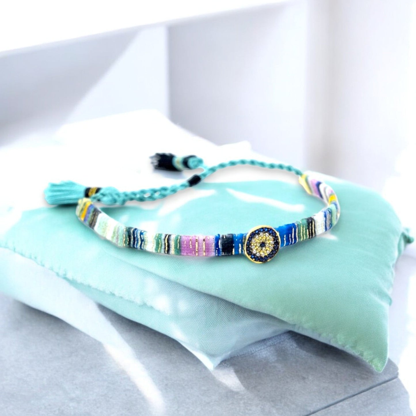 Adjustable blue evil eye bracelet gold plated silver bracelet