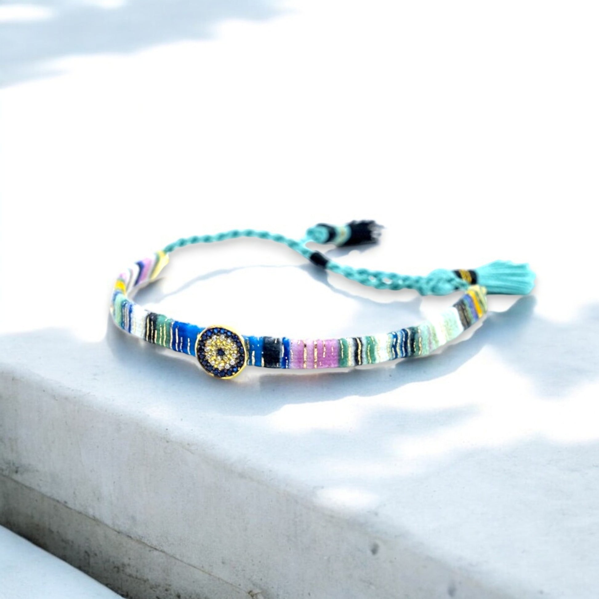 Adjustable blue evil eye bracelet gold plated silver bracelet