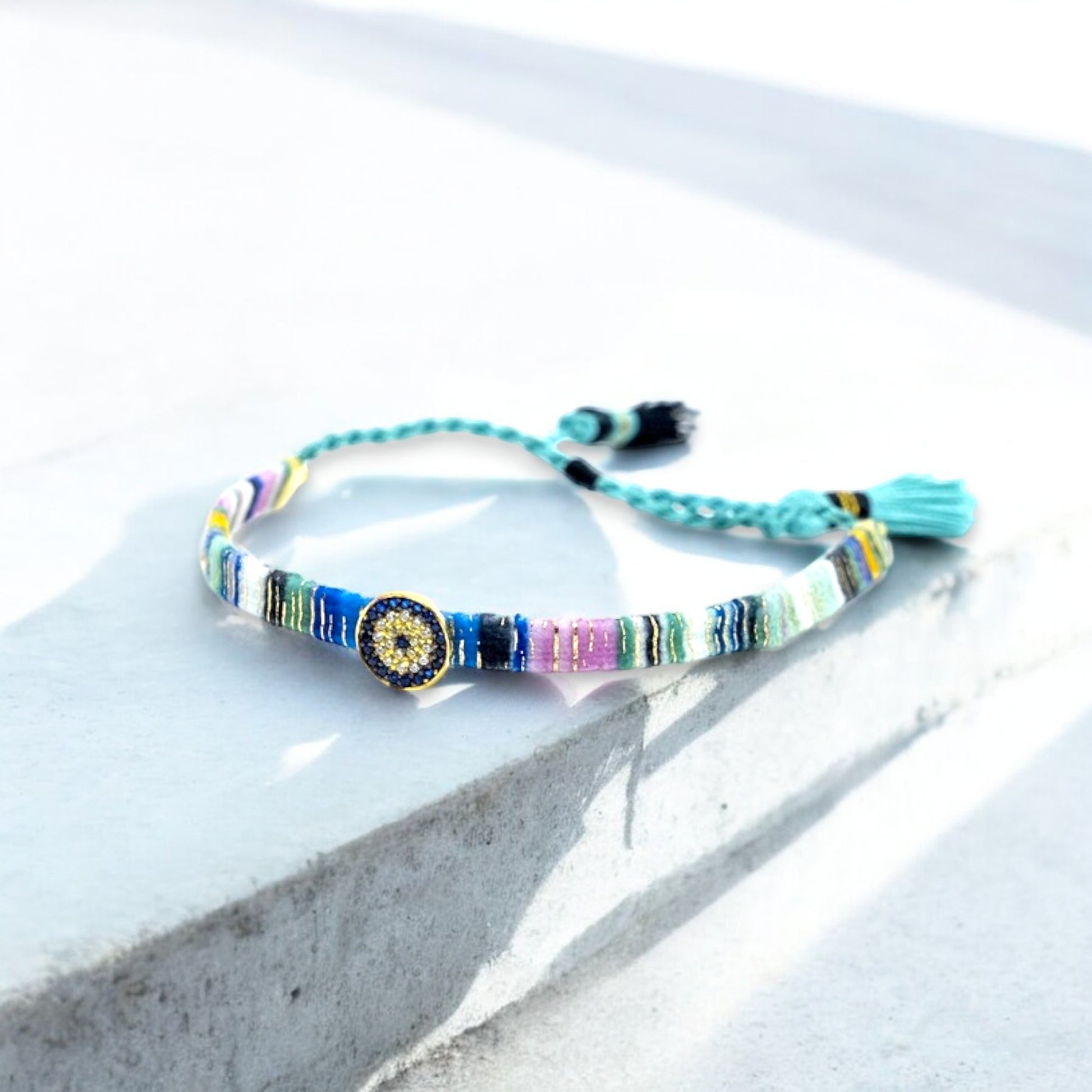 Adjustable blue evil eye bracelet gold plated silver bracelet