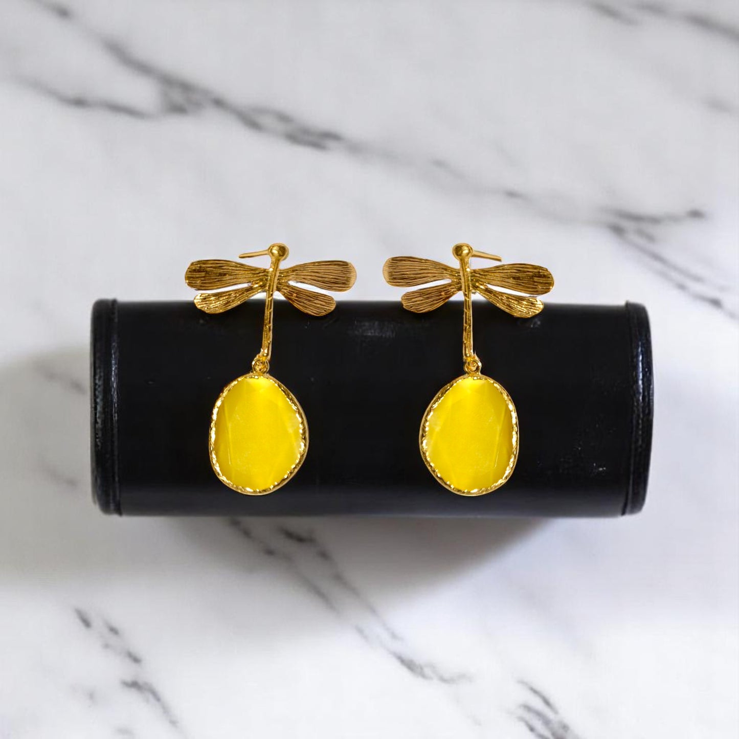 Aurora Mustard Dragonfly Gold Earrings