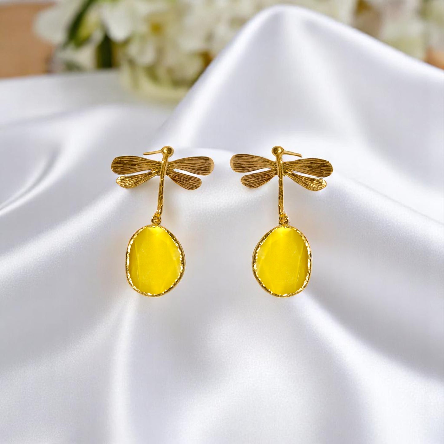 Aurora Mustard Dragonfly Gold Earrings