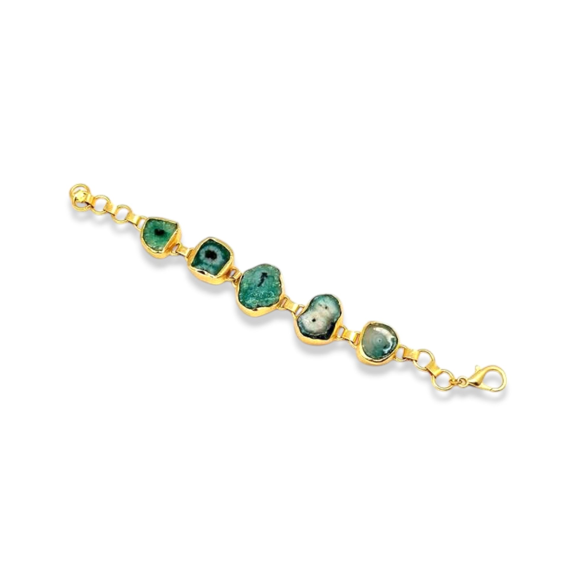 Polished green agate gemstone with gold trim on adjustable with adjustable chain
