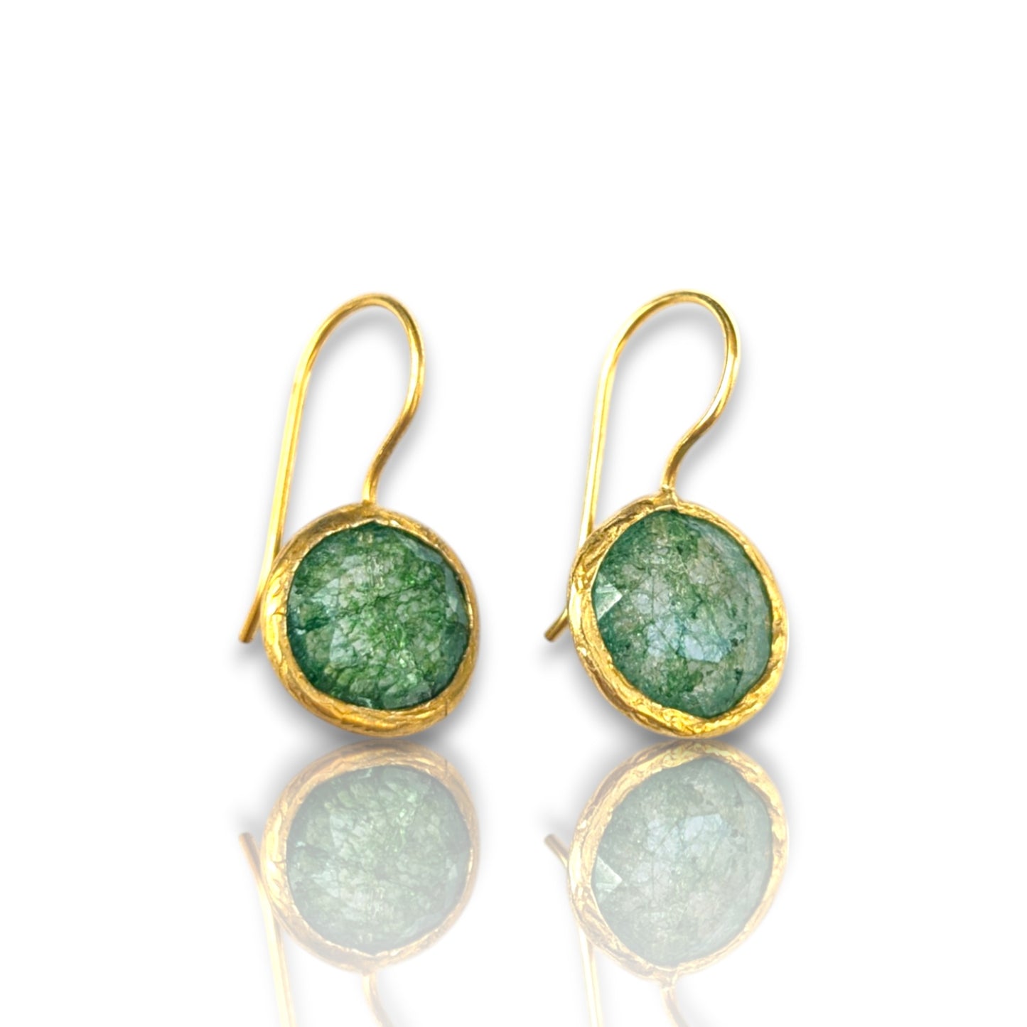 Green fusion stone drop earrings with gold bezels and hook ear wires.
