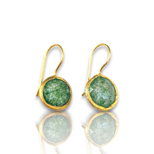 Green fusion stone drop earrings with gold bezels and hook ear wires.