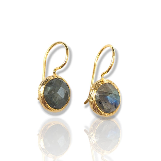 Labradorite drop earrings with gold-toned bezels and iridescent stones."
