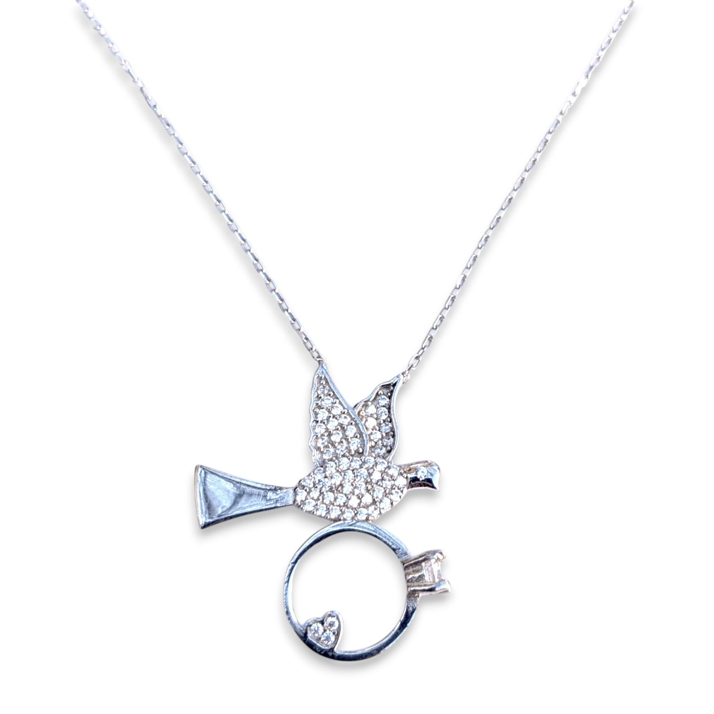 dove necklace with heart ring and cubic zirconia stones