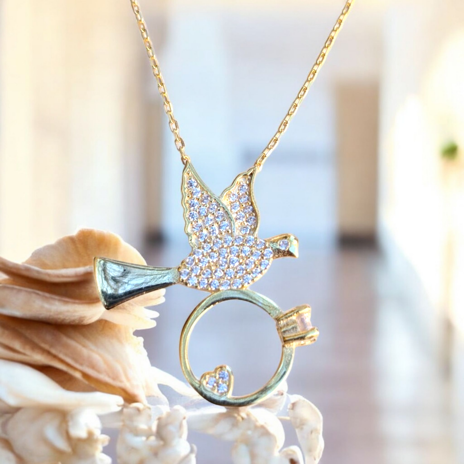 dove necklace with heart ring and cubic zirconia stones