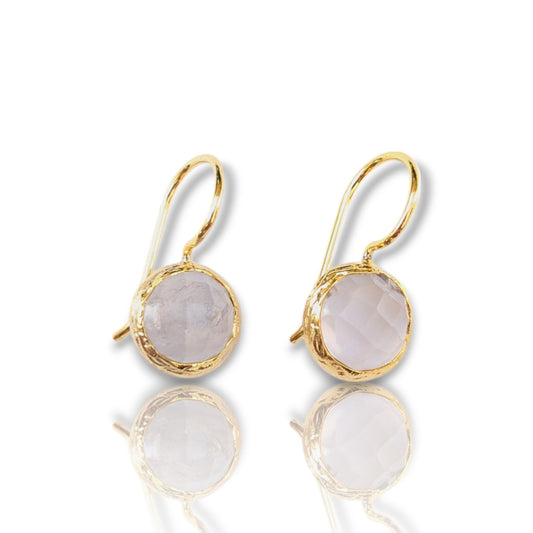 Moonstone drop earrings with textured gold bezels and faceted moonstones