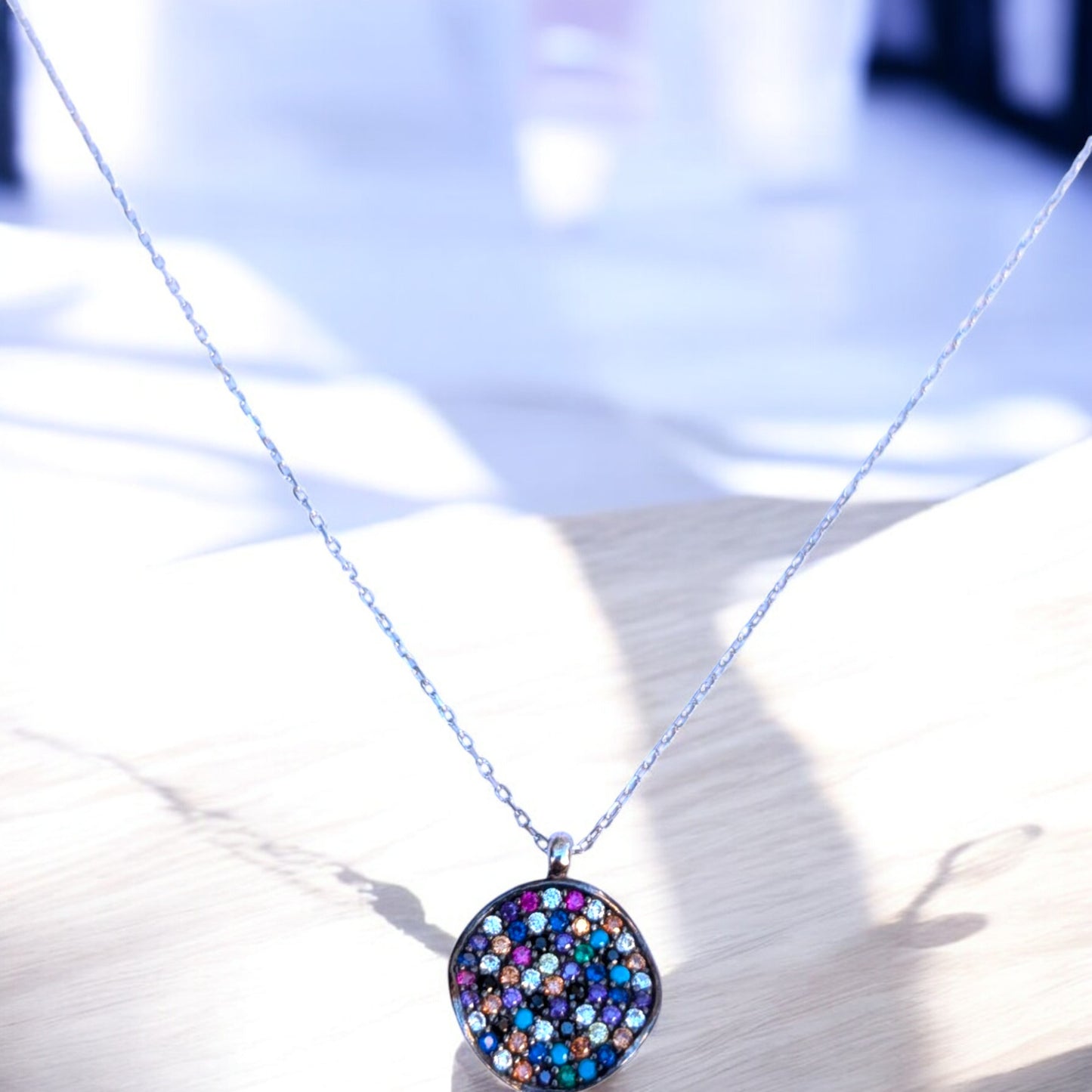 Multicolor Pave Disc Necklace