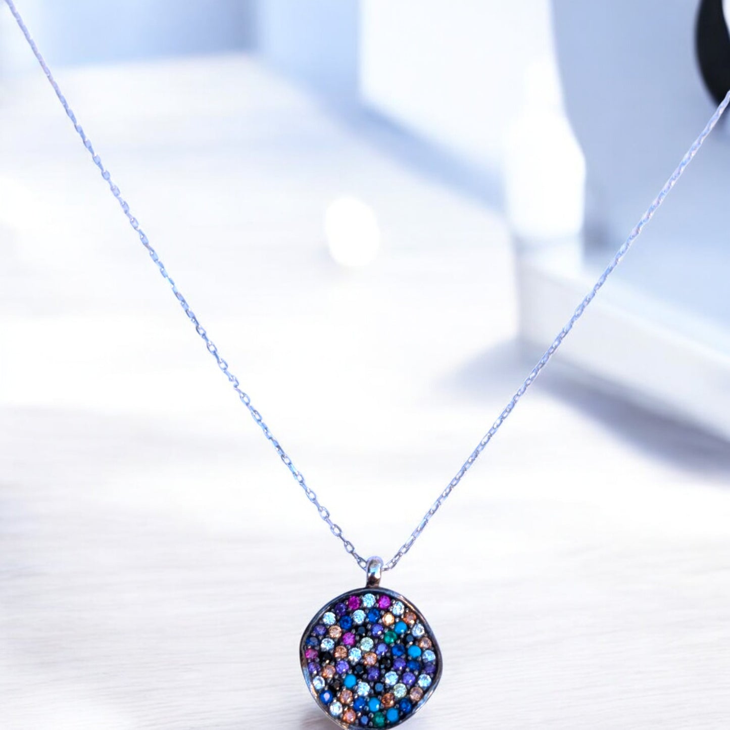 Multicolor Pave Disc Necklace