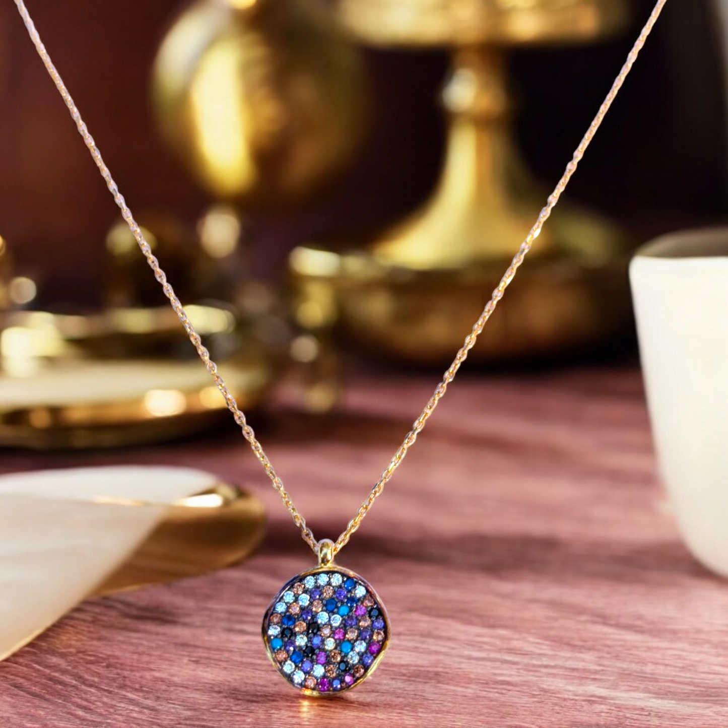 Multicolor Pave Disc Necklace