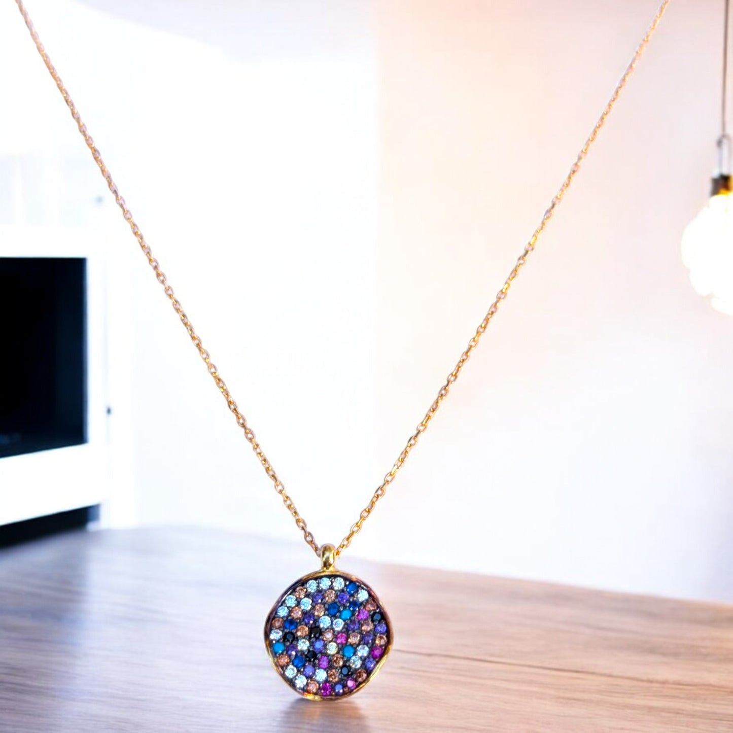 Multicolor Pave Disc Necklace