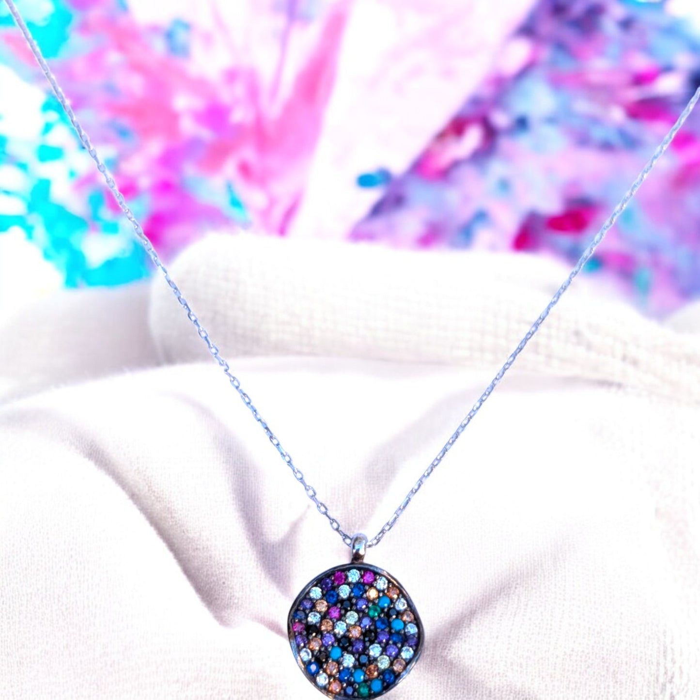 Multicolor Pave Disc Necklace