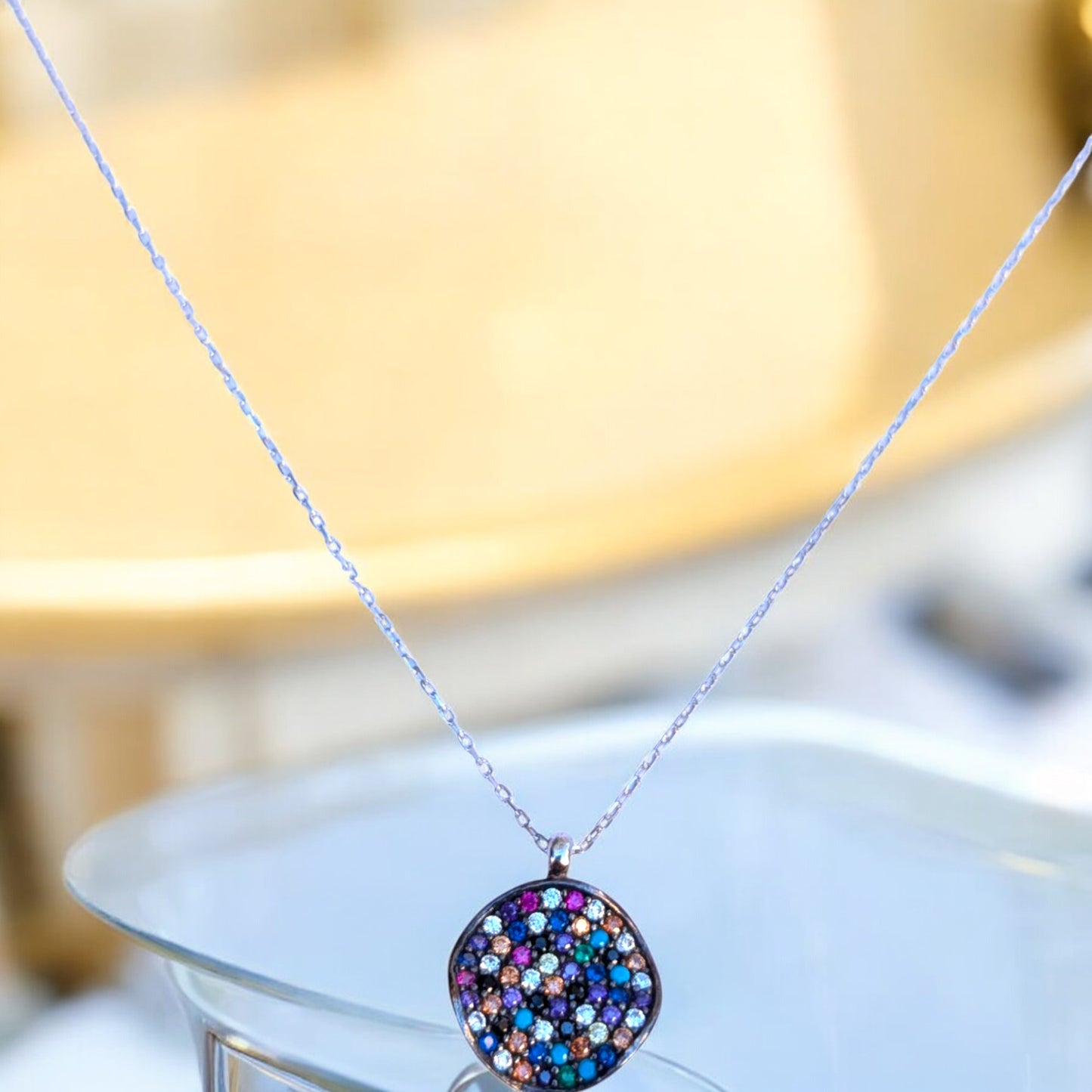 Multicolor Pave Disc Necklace