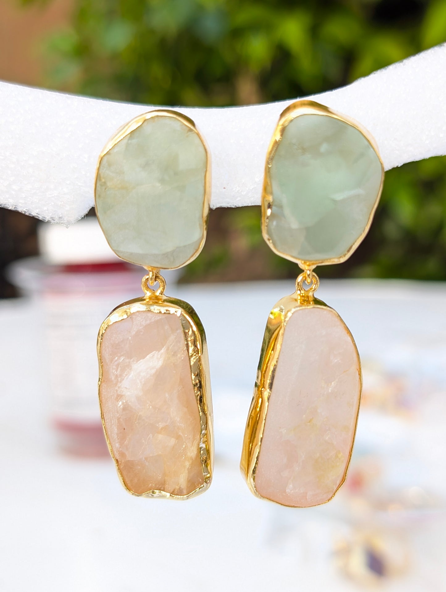 Rough Apatite and Rough Rose Quartz Stone Handmade Gold Stud Earrings