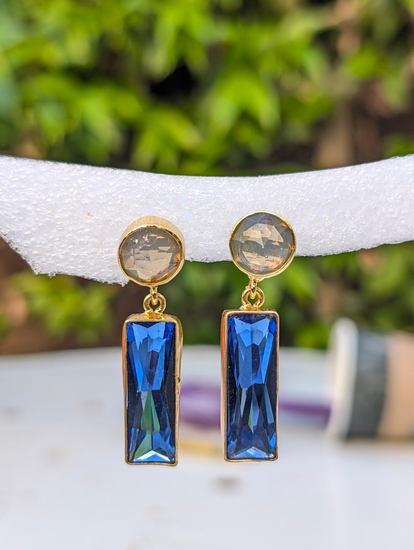 Blue and White CZ Handmade Gold Earrings