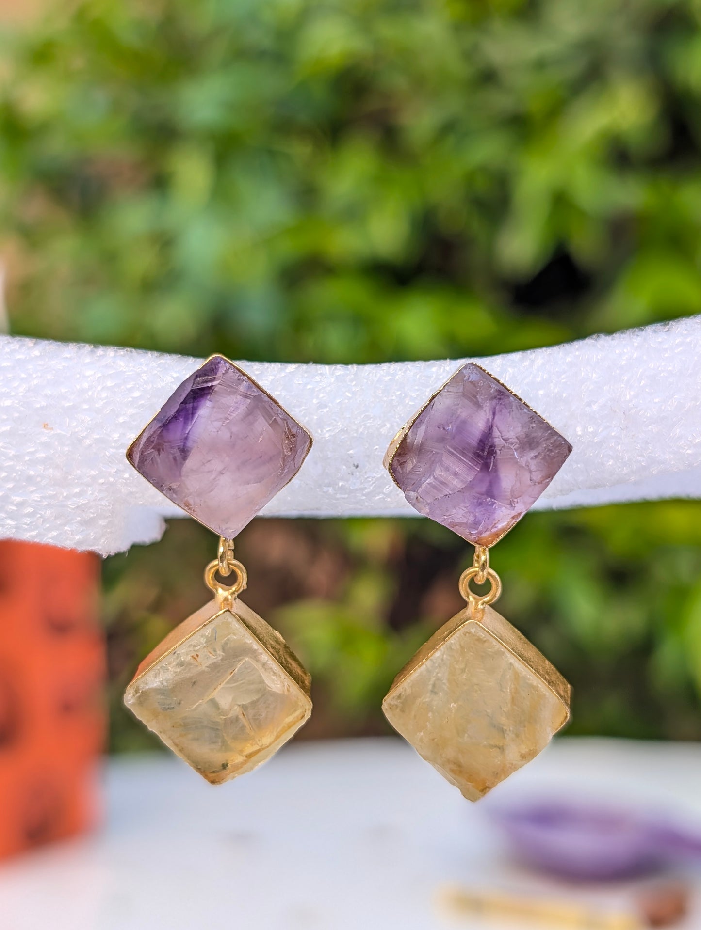 Rough Amethyst and Rough Citrine Handmade Gold Earrings
